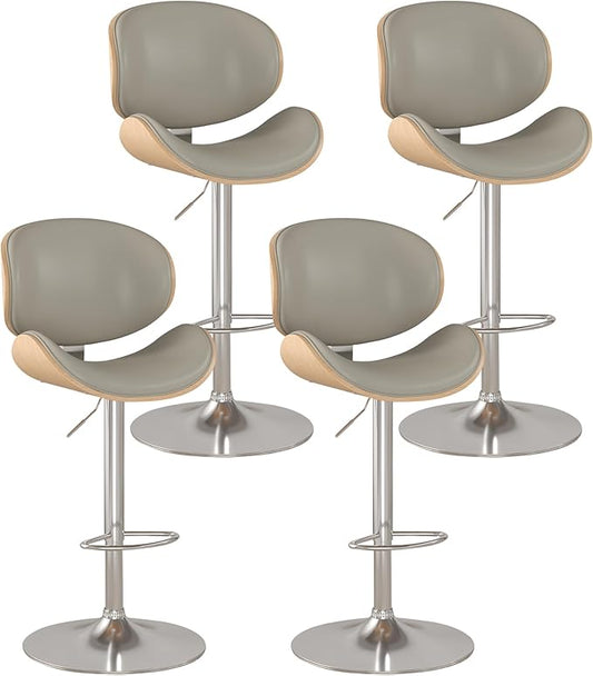 KCC Bar Stools Set of 4, Swivel Adjustable Height Barstools, PU Leather Upholstered Bar Chairs with Footrest, Bentwood Bar Stool for Kitchen, Bar, Dining Room(Grey PU)