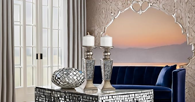Creative Scents Schonwerk Silver Pillar Candle Holder Set of 2 - Crackled Mosaic Design - Centerpiece Table Decoration - Coffee Table Decor - Decoration Centerpiece for Living/Dining Room - Best Gift