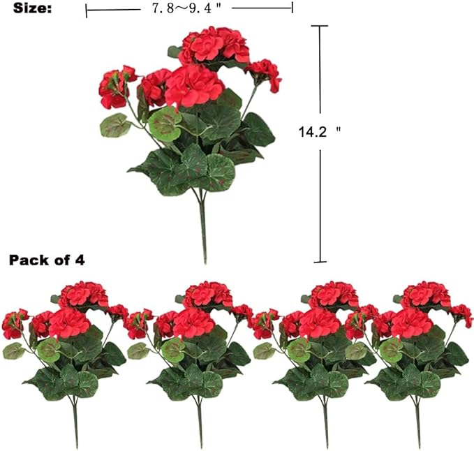 4PCS Artificial Geranium Flowers Red Faux Silk Geranium Floral Bushes 14.2 Inches for Outdoor Decor Planter Pot Indoor Garden Patio Table Centerpiece