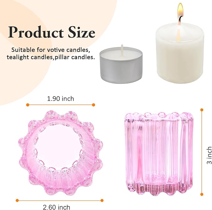GOLDEAL 12Pcs Pink Glass Votive Candle Holders Tealight Holders Decorative, Tea Candle Holders Bulk,Candlestick for Wedding, Party,Dinner, Home Table Decor.