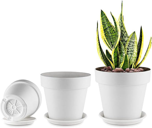 3-Pack 8/9/10 Inch Plastic Plant Pots with Saucers – Durable BPA-Free Planters with 21 Drainage Holes, Raised Bottom Breath and Bottom Watering Design for Indoor & Outdoor – White