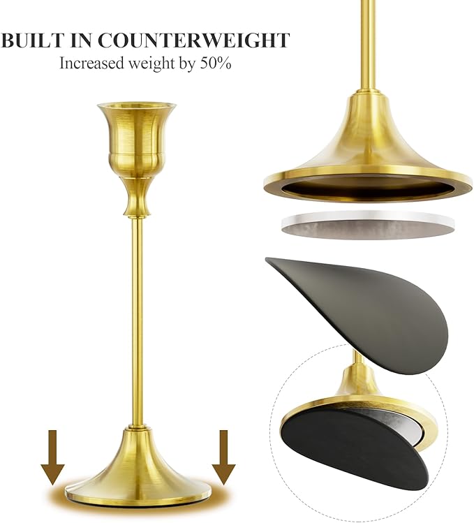 FSyueyun Brass Candlestick Holders Set of 2, Elegant Metal Candlestick Holders for Vintage Taper Candle Holders, Perfect for Table Centerpieces, Fireplace, Home Decor, Weddings and Party Decorations