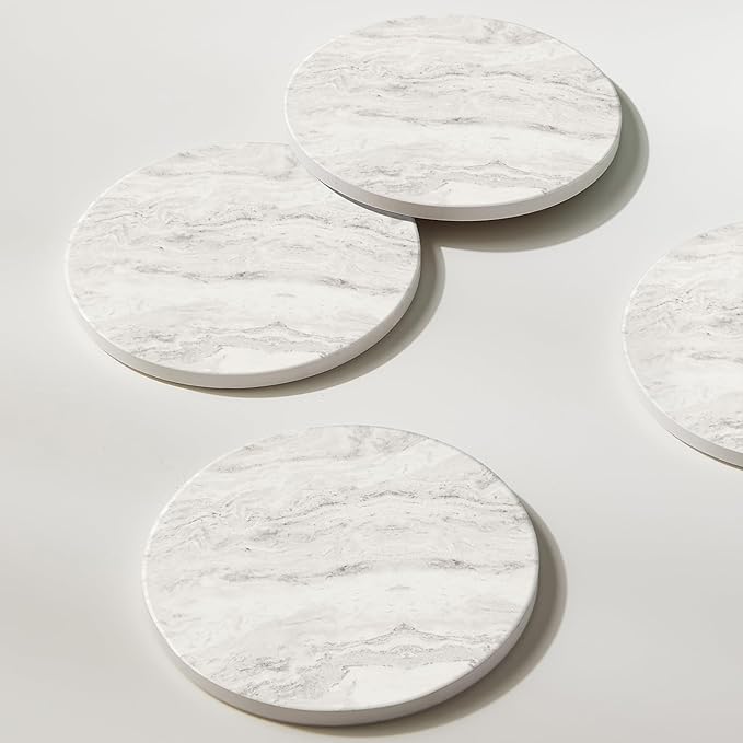 Set of 6 Off White Abstract Onyx Marble Coasters with Holder, Absorbent Ceramic Drink Coasters for Table Protection, Coffee Table Decor