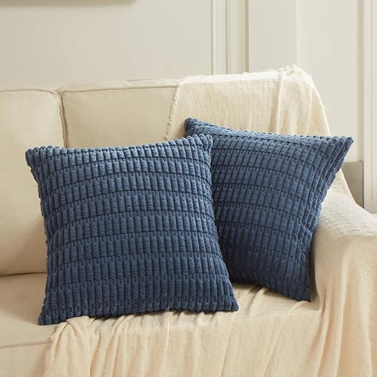 Fancy Homi 2 Packs Dusty Blue Decorative Throw Pillow Covers 20x20 Inch for Living Room Couch Bed Sofa, Rustic Farmhouse Boho Home Decor, Soft Striped Corduroy Square Cushion Case 50x50 cm