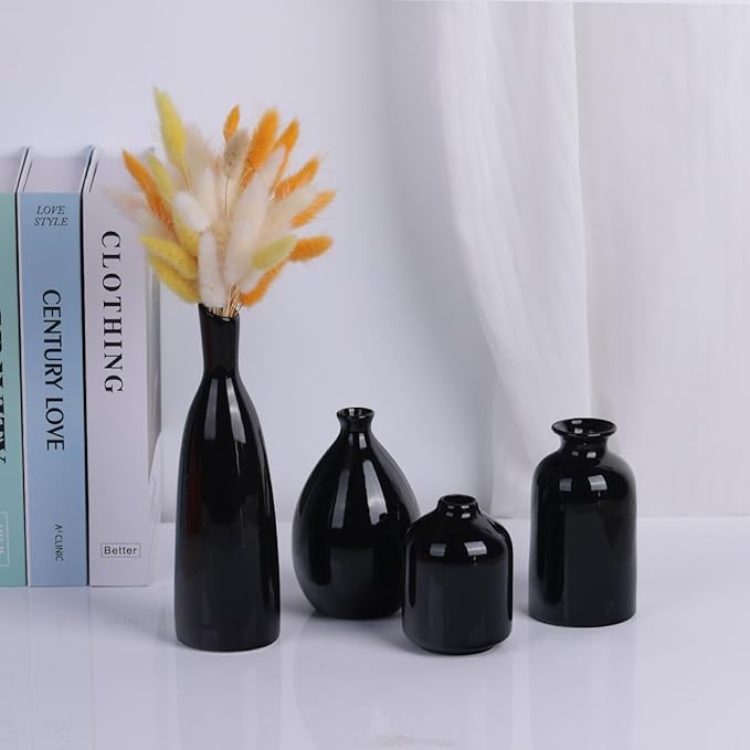 Black Ceramic Bud Vases Set of 4, Farmhouse Mantel & Shelf Accents, Small Vases for Living Room, Entryway, Bathroom, Kitchen & Office Decor, Coffee Table Centerpieces, Bulk Mini Vases