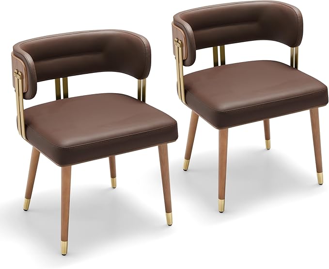 Modern Mid-Century Upholstered Leather Dining Chairs Set of 2 with Thick High-Resilience Foam, Walnut Wood Veneer,Dining Chairs with Anti-Slip Pads,Dark Grey