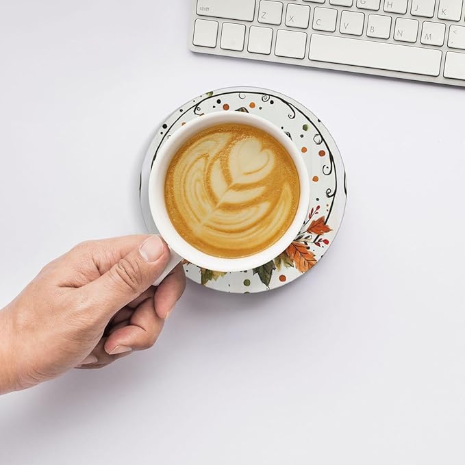 Autumn Bow Pumpkin Coasters for Drinks Fall Maple Leaves Absorbent Ceramic Coaster Set of 4 for Coffee Table Cup Bar Coasters with Cork Base Round Stone Mats Holiday New Home Decors