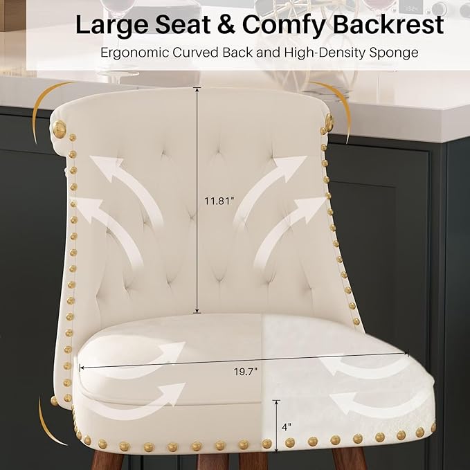 24" Counter Height Bar Stools Set of 2, Swivel Counter Stools with Back, Upholstered Velvet Stools for Kitchen Counter with Wood Legs, Fabric in Off-White