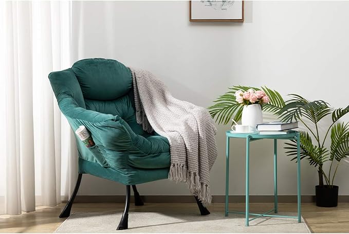 HollyHOME Modern Fabric Large Lazy Chair, Accent Oversized Comfy Reading Chair, Thick Padded Cozy Lounge Chair with Armrest, Leisure Sofa Chair for Living Room, Bedroom, Dorm, Dark Atrovirens