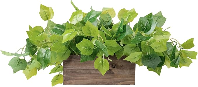 MyGift Vibrant Lifelike Artificial Plant Grape Leafy Vine Greenery in Rustic Brown Solid Wood Rectangular Planter Box