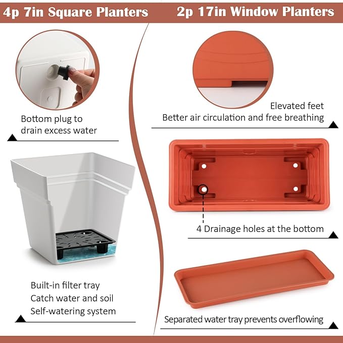 6-Pack 17" + 7" Window Box Planters & Square Pots - 4p Square Planters with Built-in Drainage & Stopper, 2p Rectangular Flower Boxes, Heavy-duty Flower Pots BPA-Free for Indoor Outdoor Gardening