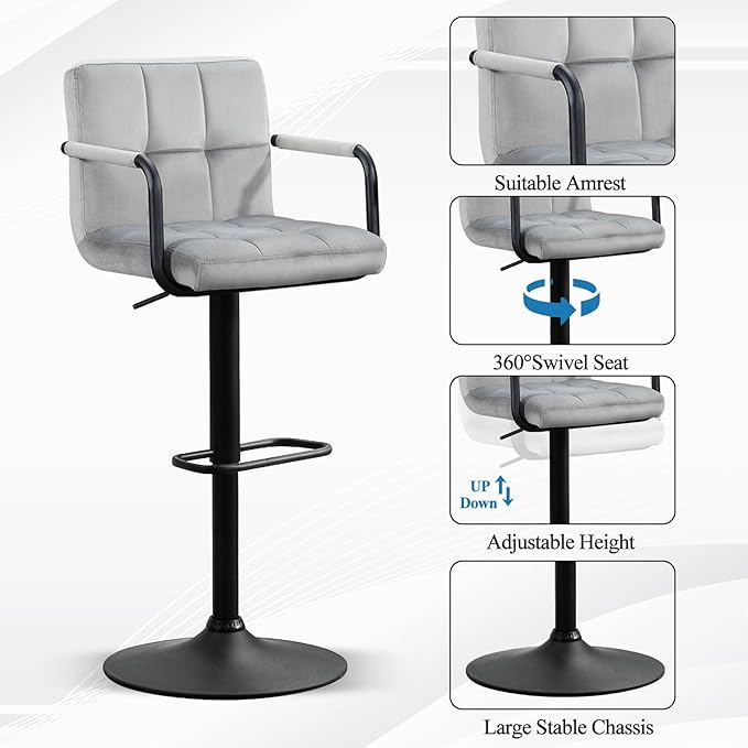 Furniliving Swivel Bar Stools Set of 4, Adjustable Kitchen Counter Height BarStools with Arms, Velvet Upholstered Bar Chair with Back and Footrest for Dining Room, Kitchen, Pub, Bar (Grey)
