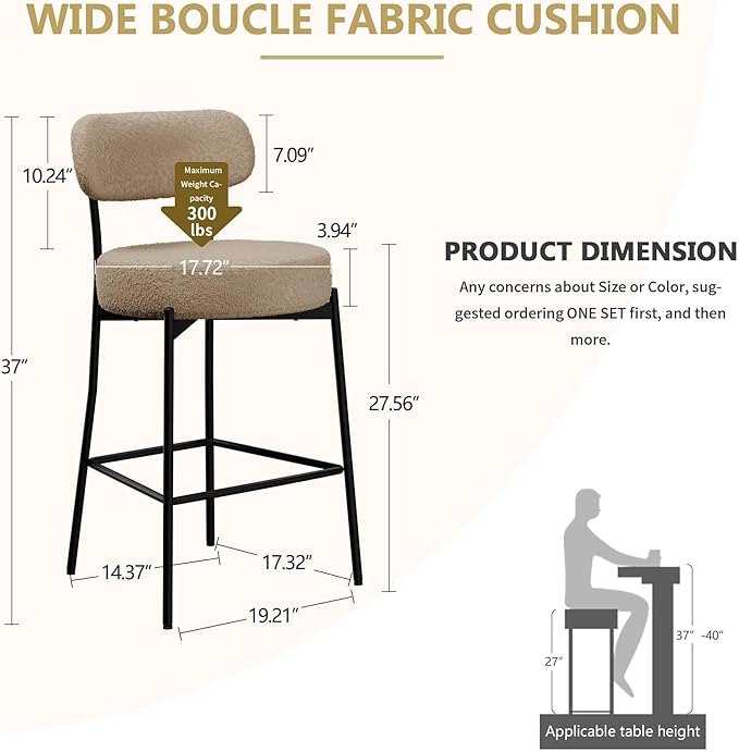 DYHOME Bar Stools Set of 2, Modern 28 Inches Counter Height Kitchen Bar Stools, Tall Upholstered Barstools with Back & Footrest Metal Legs, Stools for Kitchen Island, Counter, Cafes, Dining Room