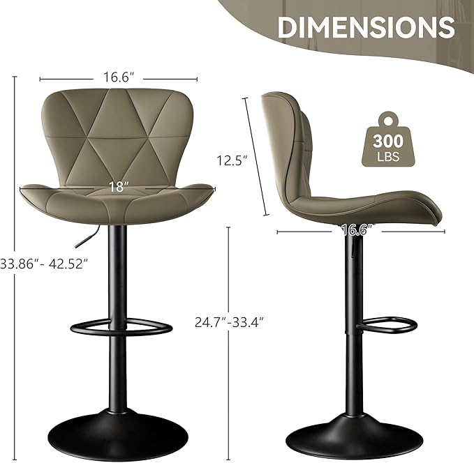 Bar Stools Set of 3,Adjustable Swivel Barstools, Faux Leather Bar Chairs,Upholstered Counter Height with High Backrest for Kitchen Island, Dark Khaki