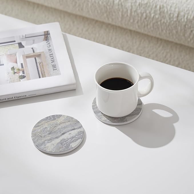 Set of 6 Light Gray Abstract Onyx Marble Coasters with Holder, Absorbent Ceramic Drink Coasters for Table Protection, Coffee Table Decor