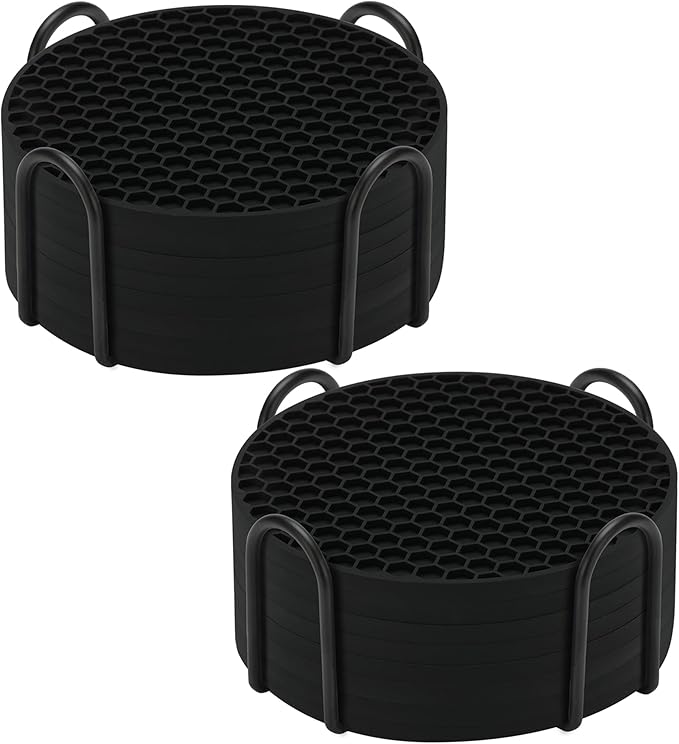 Silicone Coaster Set of 16 with Holder - Anti-Slip, Non-Stick, Anti-Overflow Tabletop Protection and Decor (Black, 16 Pcs)