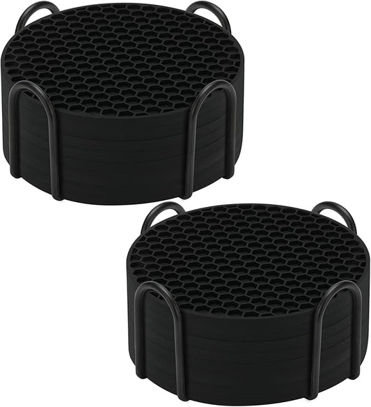 Silicone Coaster Set of 16 with Holder - Anti-Slip, Non-Stick, Anti-Overflow Tabletop Protection and Decor (Black, 16 Pcs)