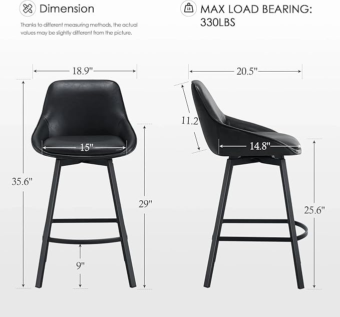 Zesthouse Swivel Counter Height Stools Set of 2, Modern Upholstered Barstools with Backs, 26'' Faux Leather High Chairs for Island Kitchen, Counter Height Chairs with Metal Legs, Black