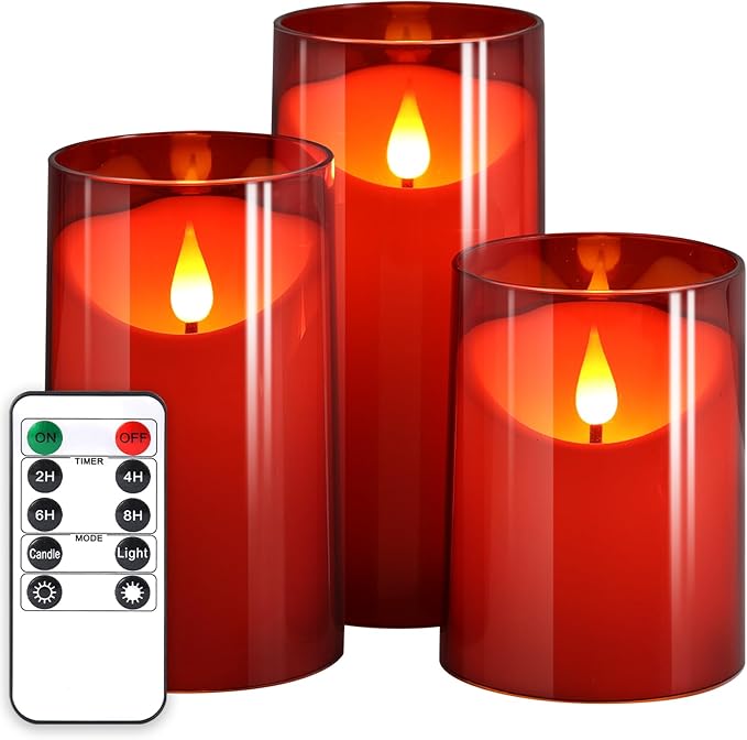 NURADA Flameless Candles with Remote Timer: 3D Wick Battery Operated Led Pillar Fake Candle Set for Wedding Birthday Valentine's Day Christmas Decorations - Red 3 Pack