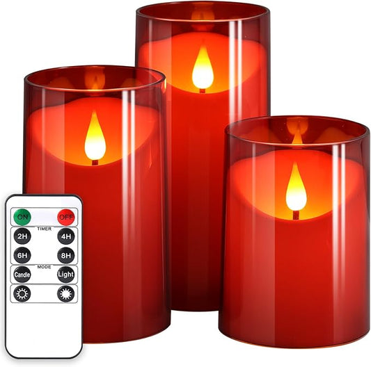 NURADA Flameless Candles with Remote Timer: 3D Wick Battery Operated Led Pillar Fake Candle Set for Wedding Birthday Valentine's Day Christmas Decorations - Red 3 Pack