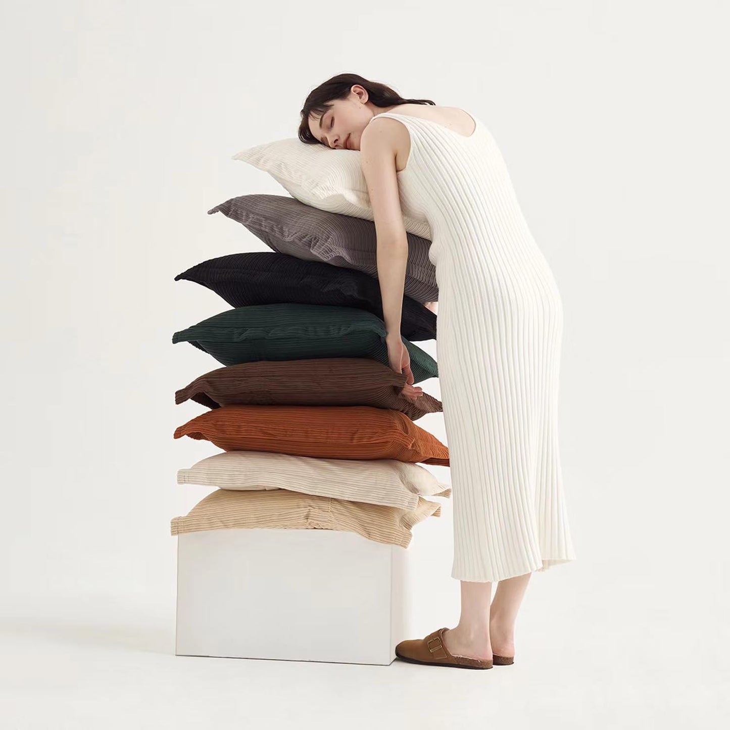 Set of 3 Super Soft Striped Corduroy Throw Pillow Covers 20x20inch, Decorative Boho Square Pillow Covers for Sofa Couch Aesthetic Decor Bedroom Living Room (Earthy Brown, Rust & Cream)