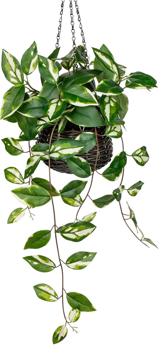 Oairse Artificial Hanging Plants Fake Hanging Plants with Pots Faux Golden Pothos N‘ Joy Potted Plant Wall Plant with Basket Pot for Wall Shelves Bedroom Bathroom Indoor Outdoor