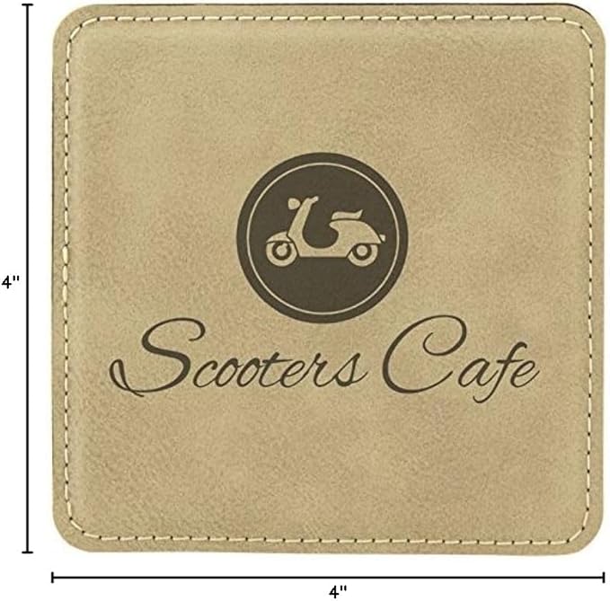 Custom Engraved Coasters | Personalized Leather Coaster | Set of 6 | Drink Coasters with Holder | Laser Engraved | Tabletop Protection | Gift for Couples (Square 4" x 4", Light Brown w/Black)