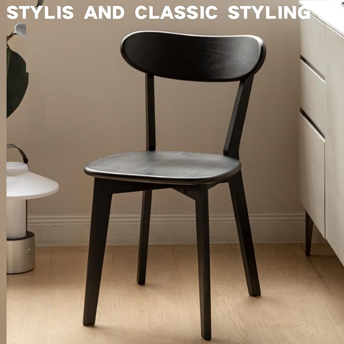 100% Solid Oak Wood Dining Chairs,Mid Century Modern Dining Chairs with Rounded Backrest,Kitchen,Dining Room Chairs Set of 1/2/4 (2, Black Color)