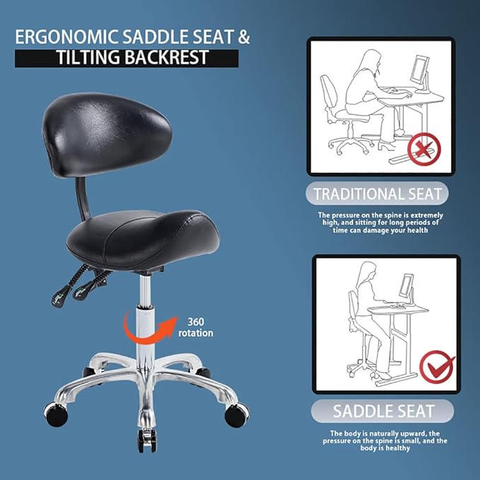 Saddle Stool Chair with Back Rolling Esthetician Seat for Salon Tattoo Shop Spa Facial lash Home Dentist Clinic Esthetician Chair(with Back Support, Black)