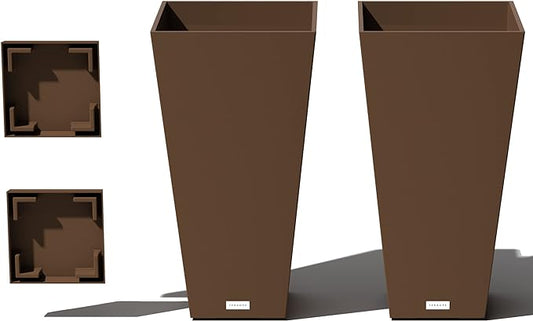 Veradek V-Resin Indoor/Outdoor Taper Planter (Espresso, 26 inch - 2 Pack with 2 Saucer Trays)