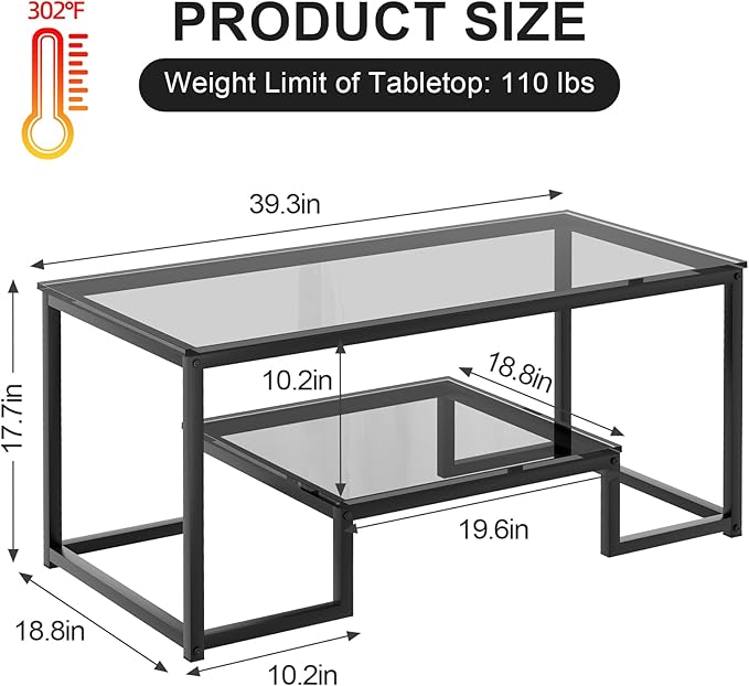 Coffee Table Grey Glass Coffee Table for Living Room,2 Tiers Rectangle Center Table with Sturdy Metal Frame,Modern Tempered Glass Accent Table for Bedroom Home Office