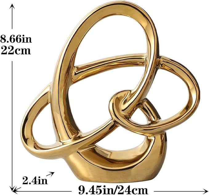 Modern Gold Knots Decor Ceramic Statue - Abstract Home Accent & Tabletop Figurine for Living Room, Bedroom, Bathroom, Office, Shelf, Mantel - Wedding, Coffee Table, Dining Room Centerpiece Decoration