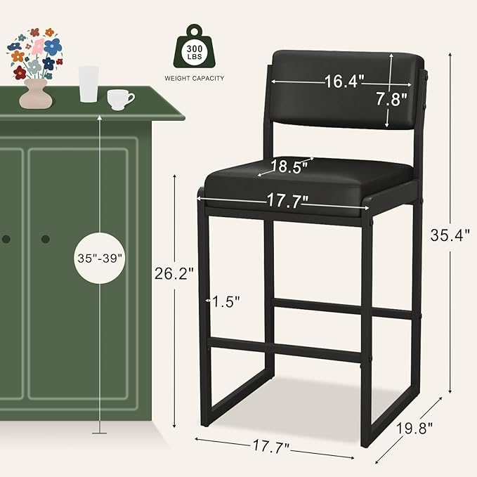 Mid Century Modern Counter Height Bar Stools Set of 3, 26" Bar Height Chairs with Backs, Upholstered Counter Stools, Metal Barstools for Kitchen Island (Black- Faux Leather, 26"H - Set of 2)