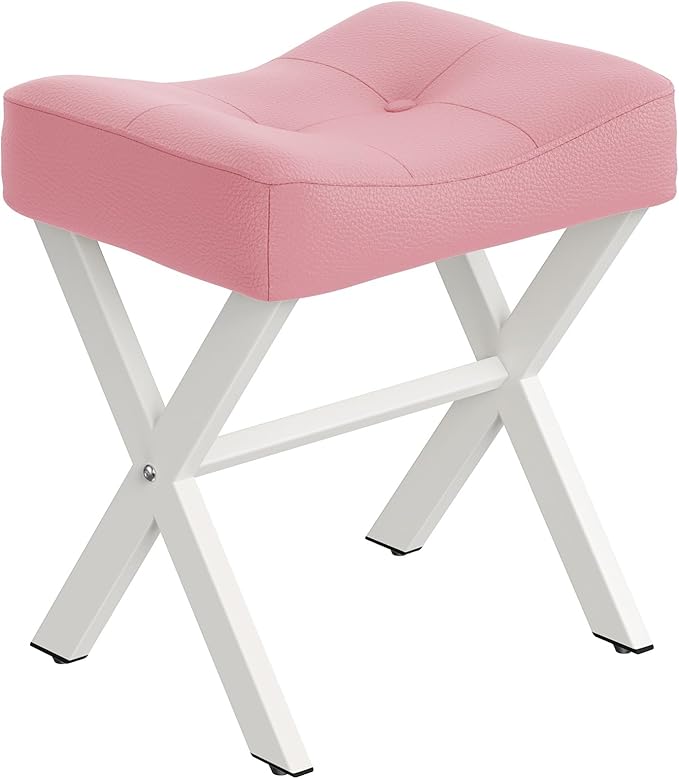 18-Inch Leather Vanity Stool Chair, Vanity Bench with Metal X-Leg, Ottoman Accent Stool with Thick Padded Saddle Seat, Pink