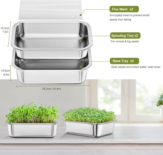 FANHAO 2-Pack Sprouting Tray Kit, Stainless Steel Soil-Free Cultivation Germination Tray, Healthy Wheatgrass Grower Sprouting Container Kit Nursery Tray for Indoors Plant Seedlings