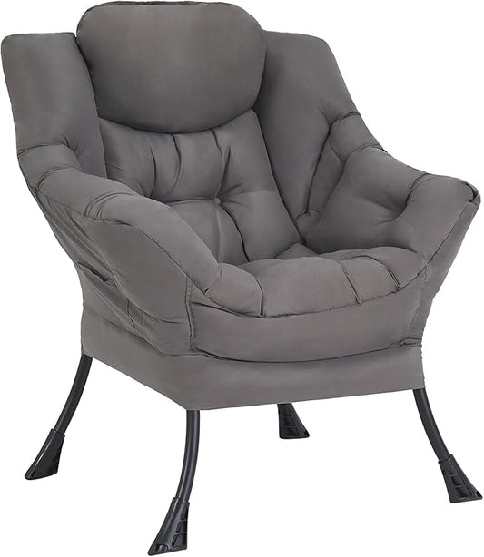 Welnow Lazy Chair for Living Room, Modern Reading Lounge Accent Chair with Armrests and a Side Pocket, Leisure Upholstered Lazy Sofa for Small Space, Bedroom, Dorm, Dark Grey