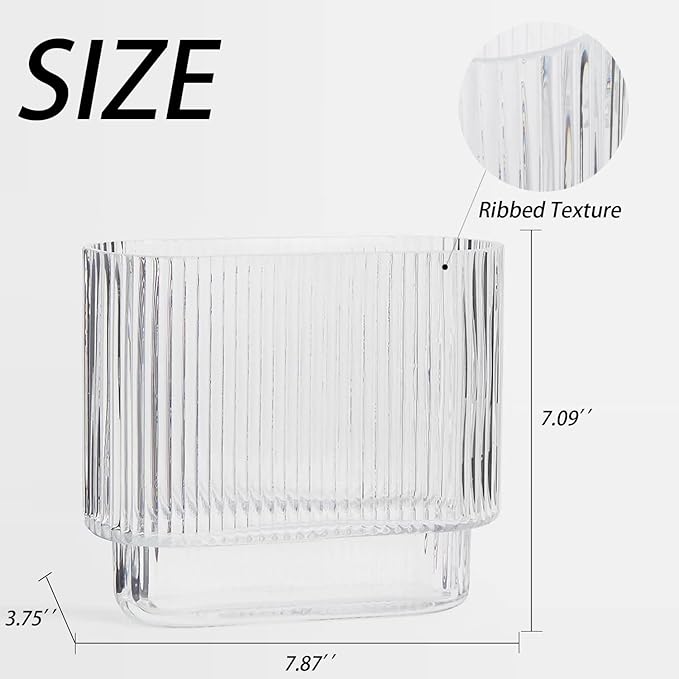 Ribbed Vase, Fluted Glass Vase for Flowers, Clear Flower Vases for Tulips, Modern Vases for Living Room, Dining Table, Office, Bedroom, Mantle, Shelf, Wedding, 7 Inch