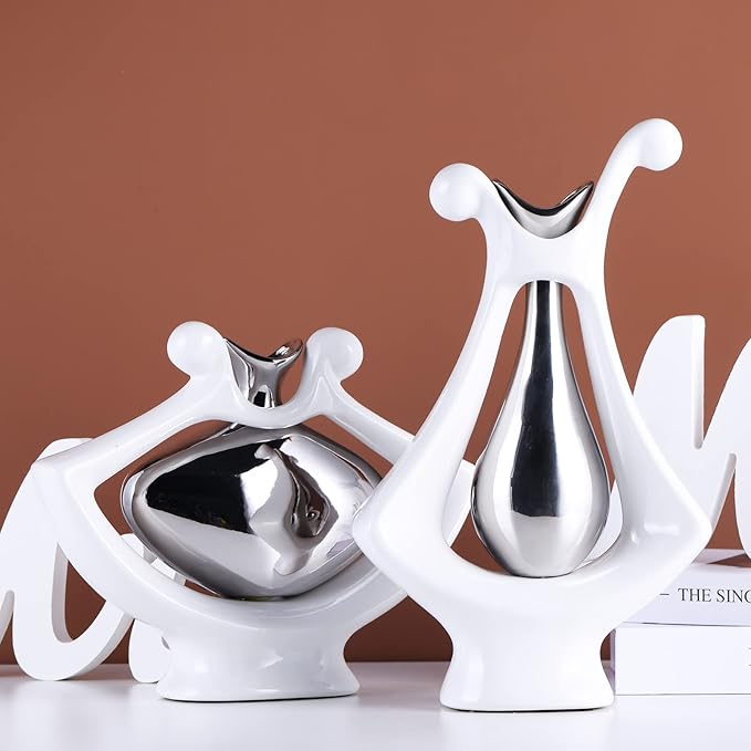White Silver Abstract Art Ceramic Vases for Home Décor Accent,Nordic Modern Minimalist Vases for Flowers,Shelf,Table Centerpieces,Bookshelf,Fireplace Mantle,Rustic,Wedding,Mid Century Décor