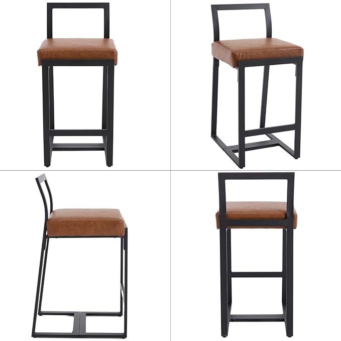 26’’ Modern Bar Stools Set of 4, Upholstered PU Leather Bar Chairs with Backrest Armless Counter Height Stools with Metal Frame for Kitchen Island Dining Room, Brown