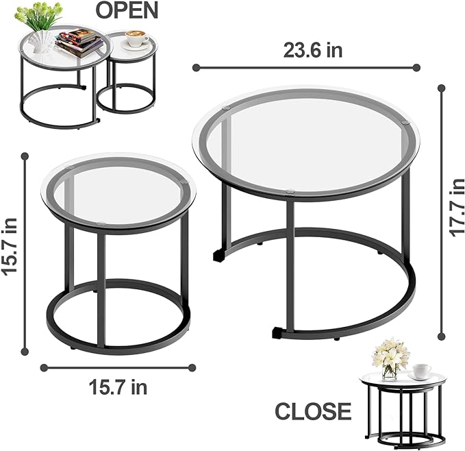 aboxoo Black Nesting Coffee Glass Table Set of 2, Metal Freme Side End Tables for Living Room Bedroom for Apartment Small Place Modern Industrial Simple, 23.6D x 23.6W x 17.7H in