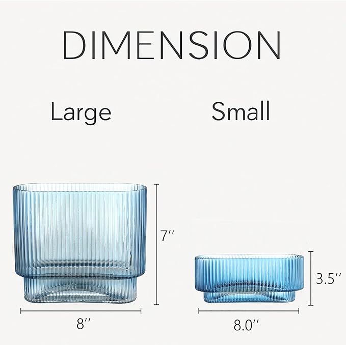 Short Glass Vases, Set of 2 Blue Glass Vases for Tulips, Ribbed Vase for Flowers, Modern Small Vase for Living Room, Dining Room, Bathroom, Desk, Shelf, Wedding, Office