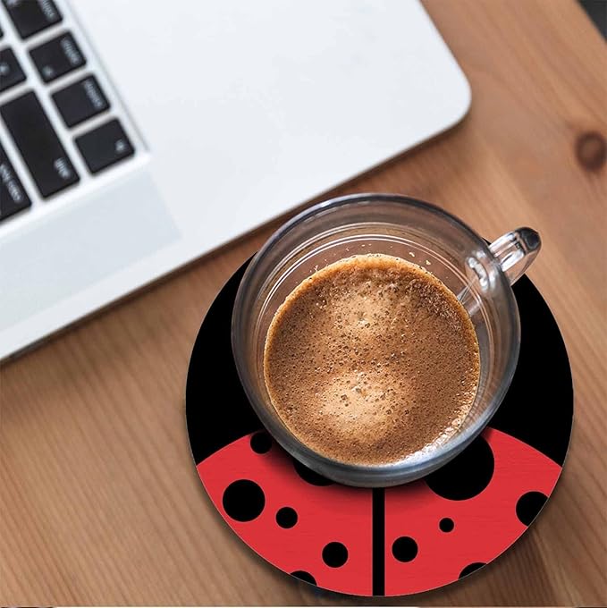Cute Ladybug Round Coaster for Home Coffee Table Cartoon Insect Isolated Lovely Red Animal Farmhouse Drink Coasters 100% Diatomite 4''X 4''X 0.35'' Printed Pattern