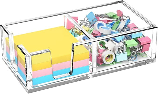 Acrylic Sticky Note Holder, Self-Stick Note Pad Holder W/O Pads - Note Dispenser Memo Pad Holder Desk Organizer for School Office Home (3''x3'' 2IN1 Clear)