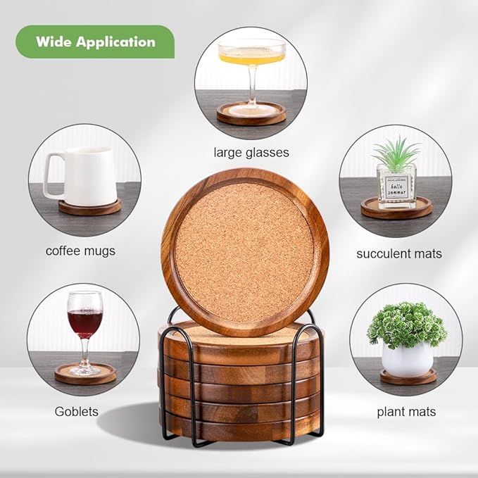 Wood Cork Coasters for Drinks Absorbent with Holder, WLWNWFT Acacia Wood Coaster Sets Rustic Farmhouse for Coffee Table Dining Table Wooden Table Coasters for Desk, Set of 6 4.33in