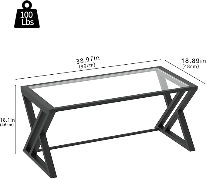 Coffee Table Black Glass Coffee Table for Living Room,Modern Rectangular Center Table with Sturdy Metal Frame,Tempered Glass Table Tea Tables for Bedroom Home Office