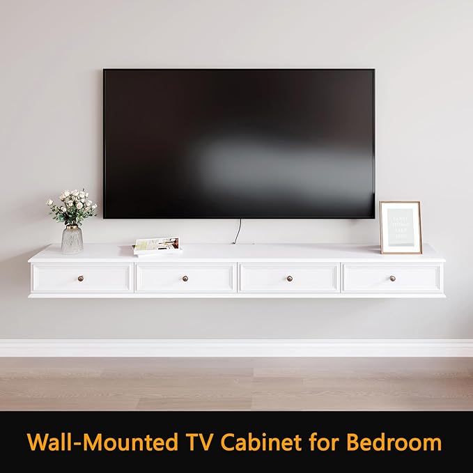 86-inch Wall-Mounted TV Stand, Accommodates 50- to 75-inch TVs, Features Hidden Cable Management, high Weight Capacity, Space-Saving White Floating TV Stand