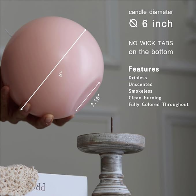 MOZEAL Hand-Poured, 6 Inch Pearl Blush Large Round Ball Candles - Elegant Pearl Blush Round Pillar Candles, Dripless, Unscented, Smokeless, Ideal for Weddings and Elegant Celebrations.