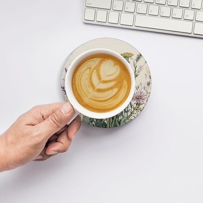 Antique Herbs and Wild Flowers Coasters for Drinks Summer Plants Absorbent Ceramic Coaster Set of 4 for Coffee Table Cup Bar Desk Round Coasters Mat with Cork Base Seasonal Home Decors