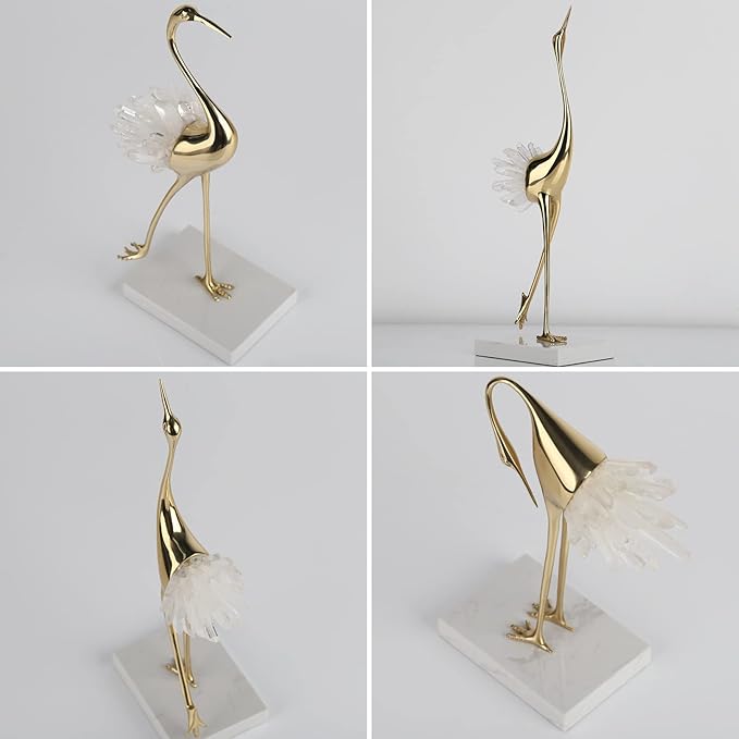 suruim Elegant Gold Crane Bird Statues with Crystal Tail Accents, Decorative Brass Figurines for Home Decor (White C)