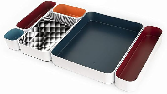 Three by Three Seattle 6 Piece Metal Organizer Tray Set for Storing Makeup, Stationery, Utensils, and More in Office Desk, Kitchen and Bathroom Drawers (2 Inch, Berry, Sunset, Blue, Stripes)